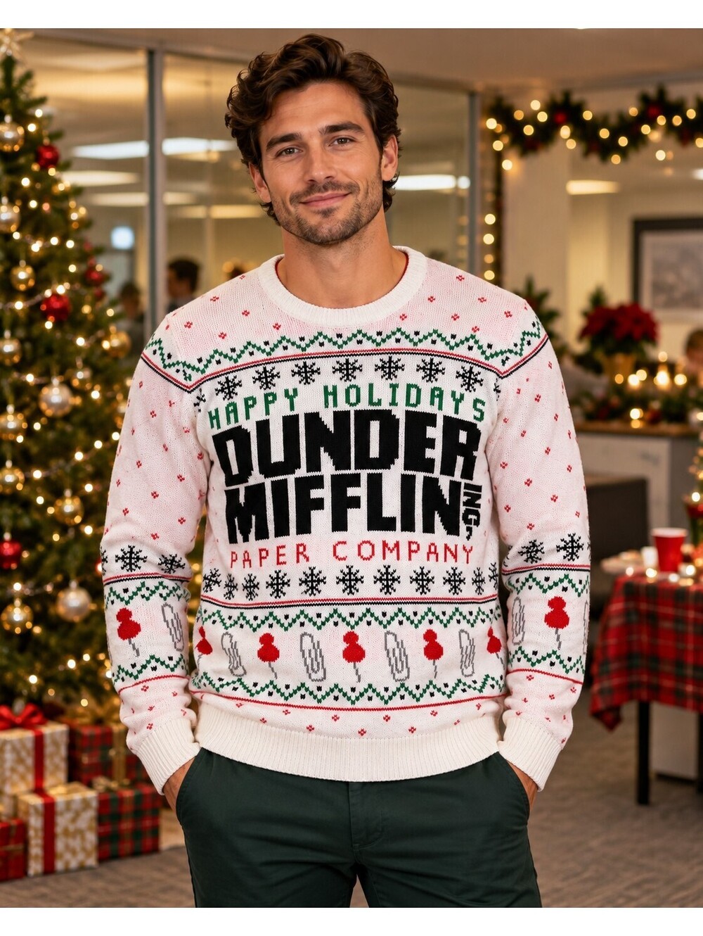 The Office Dunder Mifflin Ugly Christmas Sweater Mens M White Holiday Party
